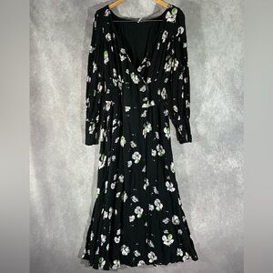 Free People Maxi Dress Women Large Black Floral Print V Neck Long Sleeve Smocked